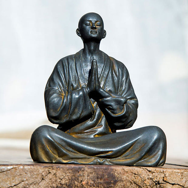 Buddha Stones Meditating Praying Monk Iron Powder Rust Cast Resin Statue Home Decoration