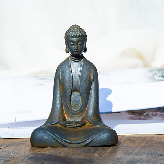 Buddha Stones Handmade Meditation Sakyamuni Buddha Iron Powder Rust Cast Resin Statue Decoration