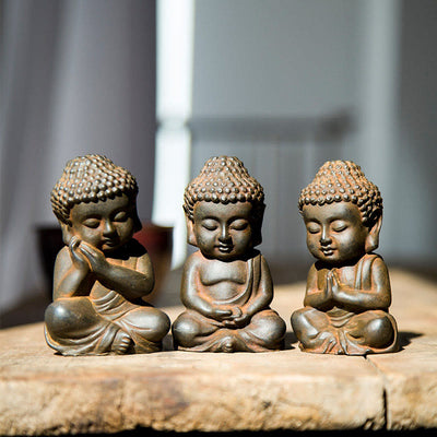 Buddha Stones Handmade Small Sakyamuni Buddha Iron Powder Rust Cast Resin Statue Decoration Decorations BS Rust Version 3Pcs Buddha