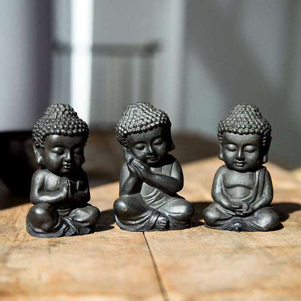 Buddha Stones Handmade Small Sakyamuni Buddha Iron Powder Rust Cast Resin Statue Decoration Decorations BS Regular Version 3Pcs Buddha