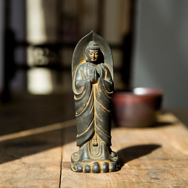 Buddha Stones Handmade Sakyamuni Buddha Namaste Iron Powder Rust Cast Resin Statue Decoration Decorations BS Rust Buddha 14.5*5*3.4cm