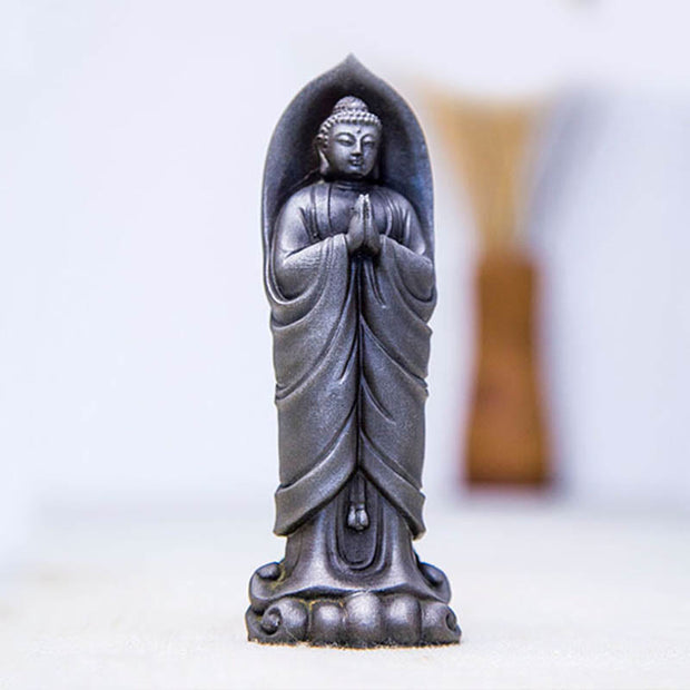 Buddha Stones Handmade Sakyamuni Buddha Namaste Iron Powder Rust Cast Resin Statue Decoration