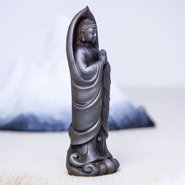 Buddha Stones Handmade Sakyamuni Buddha Namaste Iron Powder Rust Cast Resin Statue Decoration