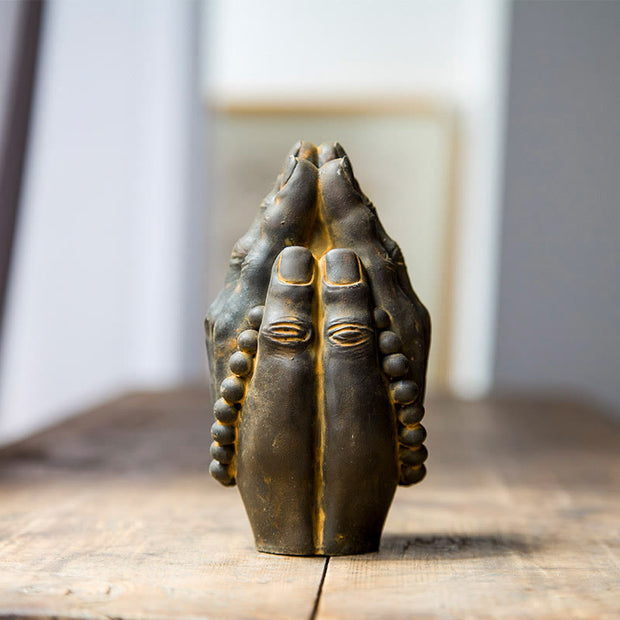 Buddha Stones Handmade Buddha Hand Namaste Iron Powder Rust Cast Resin Statue Decoration Decorations BS Rust Namaste 15*2.5cm