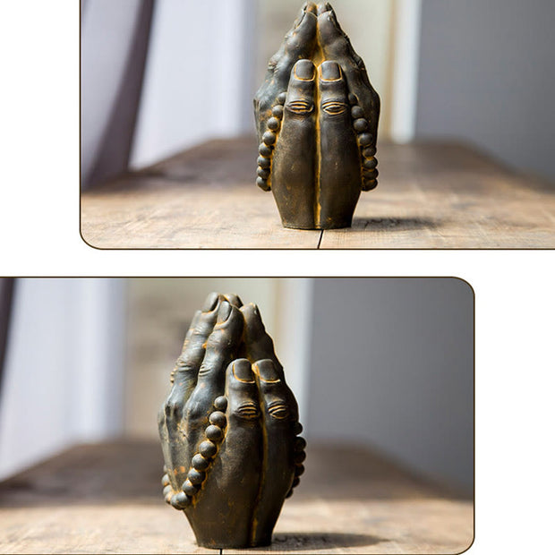 Buddha Stones Handmade Buddha Hand Namaste Iron Powder Rust Cast Resin Statue Decoration