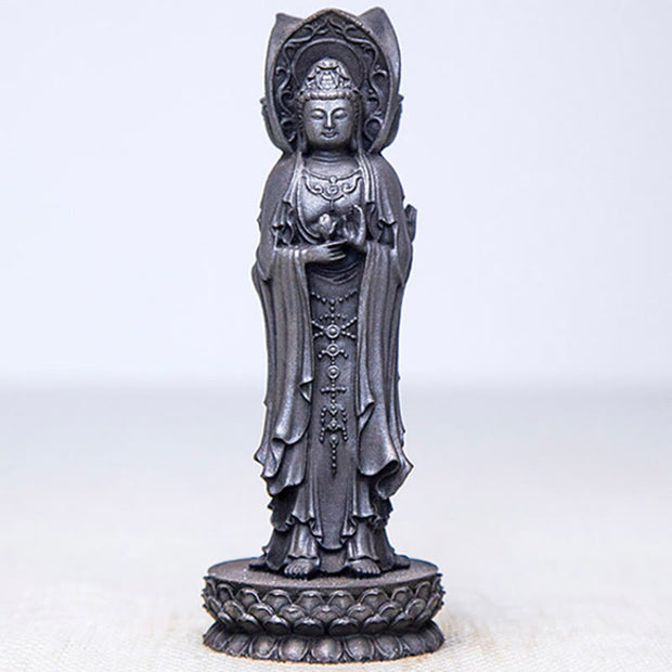 Buddha Stones Three-sided Kwan Yin Avalokitesvara Iron Powder Rust Cast Resin Statue Wealth Desk Decoration