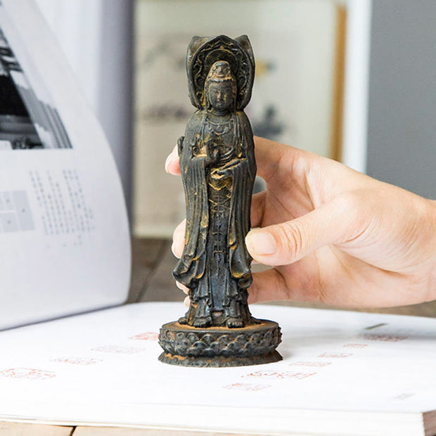 Buddha Stones Three-sided Kwan Yin Avalokitesvara Iron Powder Rust Cast Resin Statue Wealth Desk Decoration Decorations BS 6