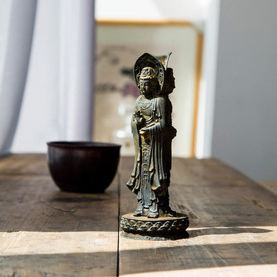 Buddha Stones Three-sided Kwan Yin Avalokitesvara Iron Powder Rust Cast Resin Statue Wealth Desk Decoration Decorations BS Rust Version 16.5*6cm