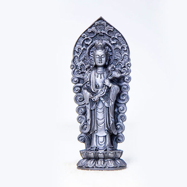 Buddha Stones Handmade Amitabha Guanyin Avalokitesvara Mahasthamaprapta Iron Powder Rust Cast Resin Statue Decoration Decorations BS Buddha Ruyi Handle Polished Version 18*7*4.7cm