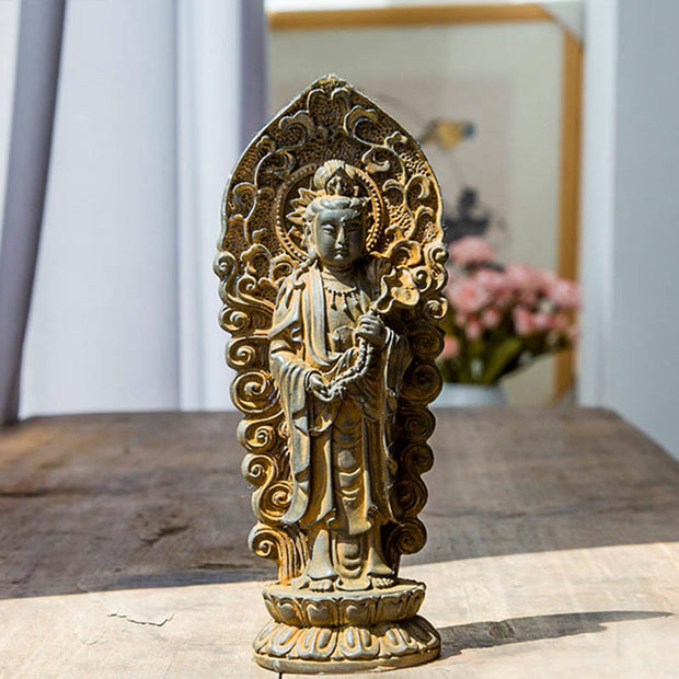 Buddha Stones Handmade Amitabha Guanyin Avalokitesvara Mahasthamaprapta Iron Powder Rust Cast Resin Statue Decoration Decorations BS Buddha Ruyi Handle Rust Version 18*7cm