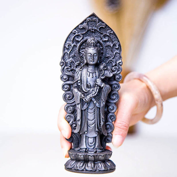 Buddha Stones Handmade Amitabha Guanyin Avalokitesvara Mahasthamaprapta Iron Powder Rust Cast Resin Statue Decoration Decorations BS 25