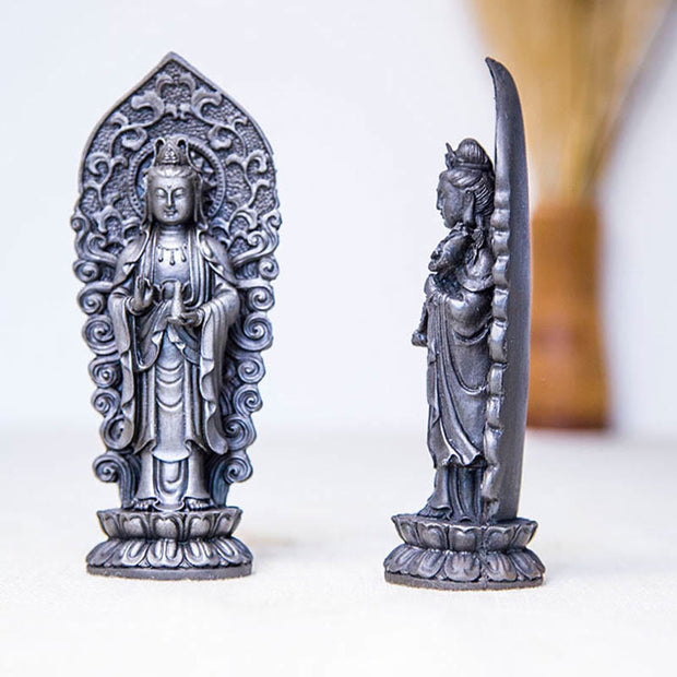 Buddha Stones Handmade Amitabha Guanyin Avalokitesvara Mahasthamaprapta Iron Powder Rust Cast Resin Statue Decoration Decorations BS 36