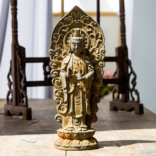 Buddha Stones Handmade Amitabha Guanyin Avalokitesvara Mahasthamaprapta Iron Powder Rust Cast Resin Statue Decoration Decorations BS 17