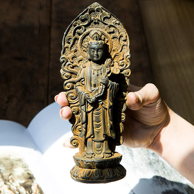 Buddha Stones Handmade Amitabha Guanyin Avalokitesvara Mahasthamaprapta Iron Powder Rust Cast Resin Statue Decoration Decorations BS 3