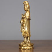 Buddha Stones Golden Standing Kwan Yin Avalokitesvara Wealth Brass Copper Statue Home Desk Decoration Decorations BS 6