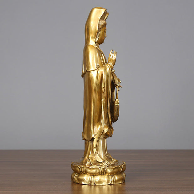 Buddha Stones Golden Standing Kwan Yin Avalokitesvara Wealth Brass Copper Statue Home Desk Decoration Decorations BS 3