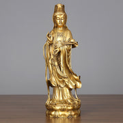 Buddha Stones Golden Standing Kwan Yin Avalokitesvara Wealth Brass Copper Statue Home Desk Decoration