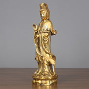 Buddha Stones Golden Standing Kwan Yin Avalokitesvara Wealth Brass Copper Statue Home Desk Decoration