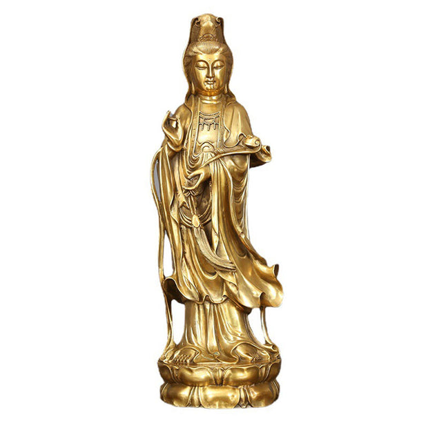 Buddha Stones Golden Standing Kwan Yin Avalokitesvara Wealth Brass Copper Statue Home Desk Decoration Decorations BS 11