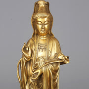 Buddha Stones Golden Standing Kwan Yin Avalokitesvara Wealth Brass Copper Statue Home Desk Decoration Decorations BS 7