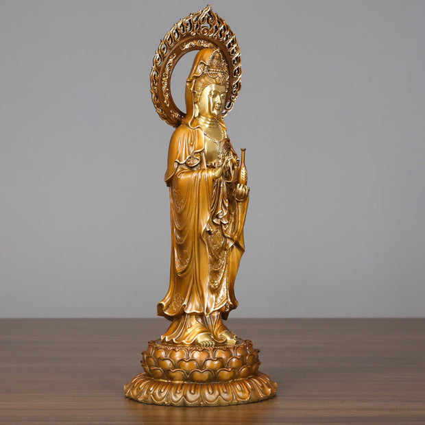 Buddha Stones Kwan Yin Avalokitesvara Lotus Aura Success Brass Copper Statue Home Decoration