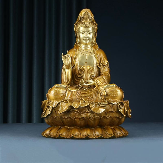 Buddha Stones Kwan Yin Avalokitesvara Lotus Sitting Harmony Brass Copper Statue Home Altar Decoration Decorations BS Golden Avalokitesvara 27*25*41cm