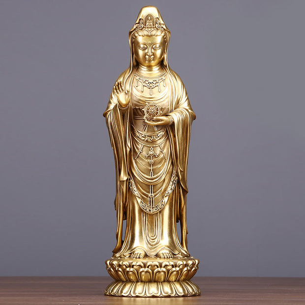 Buddha Stones Kwan Yin Avalokitesvara Holding The Dharma Wheel Wealth Brass Copper Statue Decoration Decorations BS Avalokitesvara 17.5*14*38.5cm