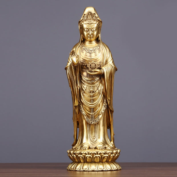 Buddha Stones Kwan Yin Avalokitesvara Holding The Dharma Wheel Wealth Brass Copper Statue Decoration