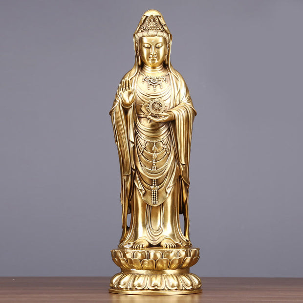 Buddha Stones Kwan Yin Avalokitesvara Holding The Dharma Wheel Wealth Brass Copper Statue Decoration Decorations BS Avalokitesvara 22*17*57cm