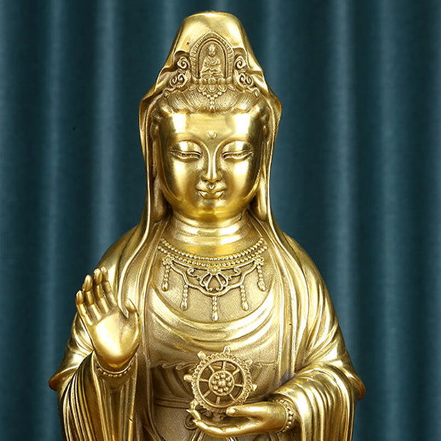 Buddha Stones Kwan Yin Avalokitesvara Holding The Dharma Wheel Wealth Brass Copper Statue Decoration Decorations BS 12