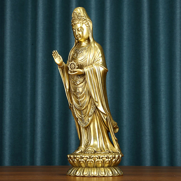 Buddha Stones Kwan Yin Avalokitesvara Holding The Dharma Wheel Wealth Brass Copper Statue Decoration Decorations BS 16