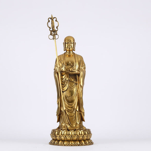 Buddha Stones Ksitigarbha Bodhisattva Figurine Compassion Copper Statue Home Offering Decoration