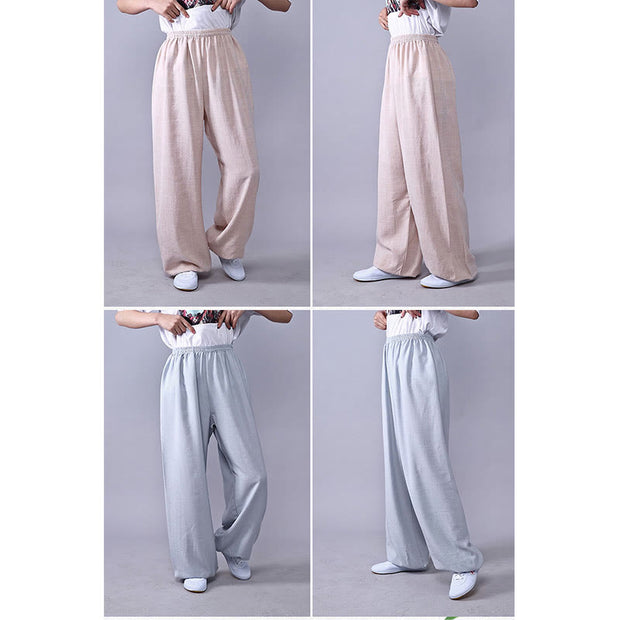 Buddha Stones Summer Elastic Waist Tai Chi Qigong Practice Cotton Linen Unisex Pants Unisex Pants BS 10