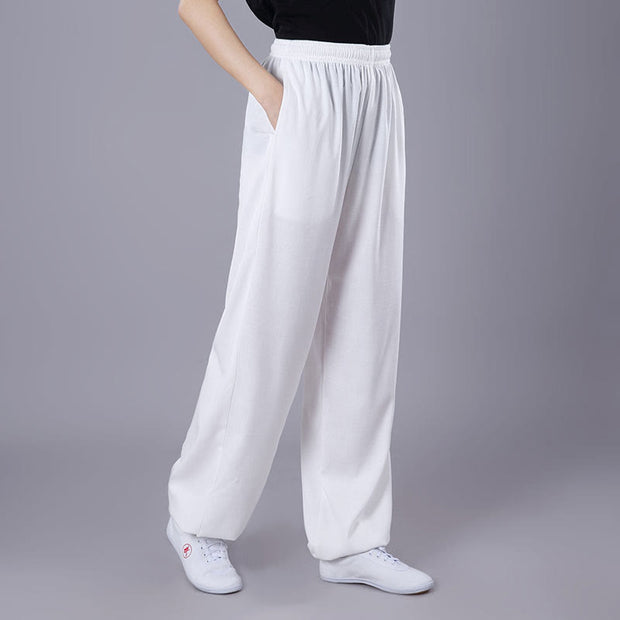 Buddha Stones Summer Unisex Elastic Waist Tai Chi Qigong Practice Breathable Cotton Linen Pants With Pockets Unisex Pants BS White 3XL-FIT FOR US/UK/AU/EU-2XL