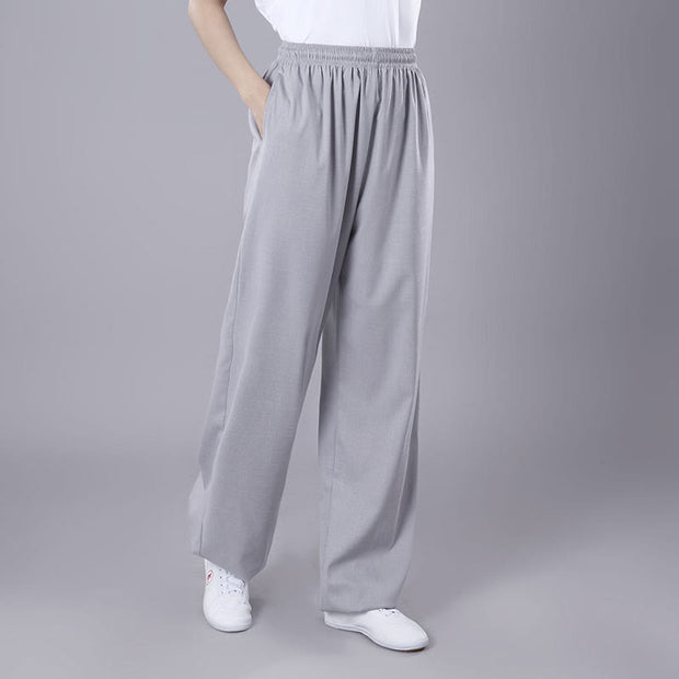 Buddha Stones Summer Unisex Elastic Waist Tai Chi Qigong Practice Breathable Cotton Linen Pants With Pockets Unisex Pants BS LightGrey 3XL-FIT FOR US/UK/AU/EU-2XL