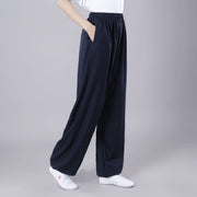 Buddha Stones Summer Unisex Elastic Waist Tai Chi Qigong Practice Breathable Cotton Linen Pants With Pockets