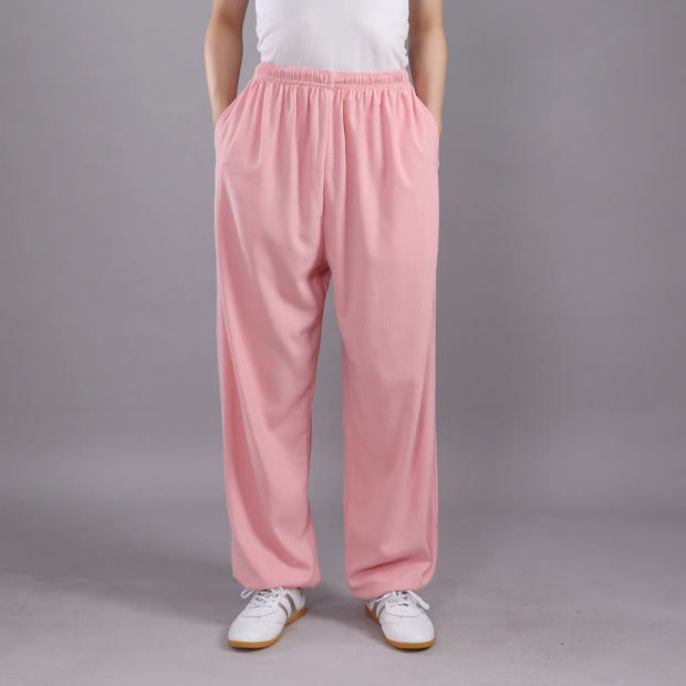 Buddha Stones Summer Unisex Elastic Waist Tai Chi Qigong Practice Breathable Cotton Linen Pants With Pockets Unisex Pants BS Pink 3XL-FIT FOR US/UK/AU/EU-2XL