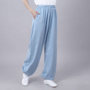 Buddha Stones Summer Unisex Elastic Waist Tai Chi Qigong Practice Breathable Cotton Linen Pants With Pockets Unisex Pants BS SkyBlue 3XL-FIT FOR US/UK/AU/EU-2XL