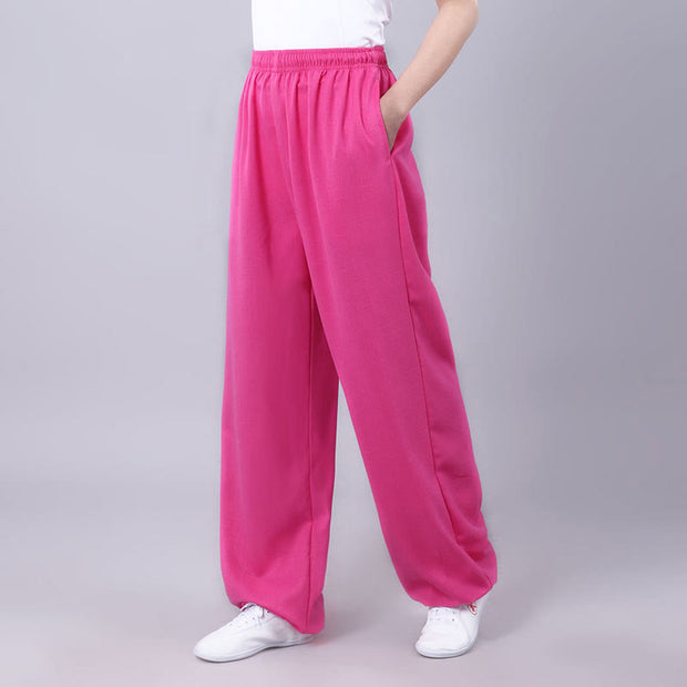 Buddha Stones Summer Unisex Elastic Waist Tai Chi Qigong Practice Breathable Cotton Linen Pants With Pockets Unisex Pants BS HotPink 3XL-FIT FOR US/UK/AU/EU-2XL