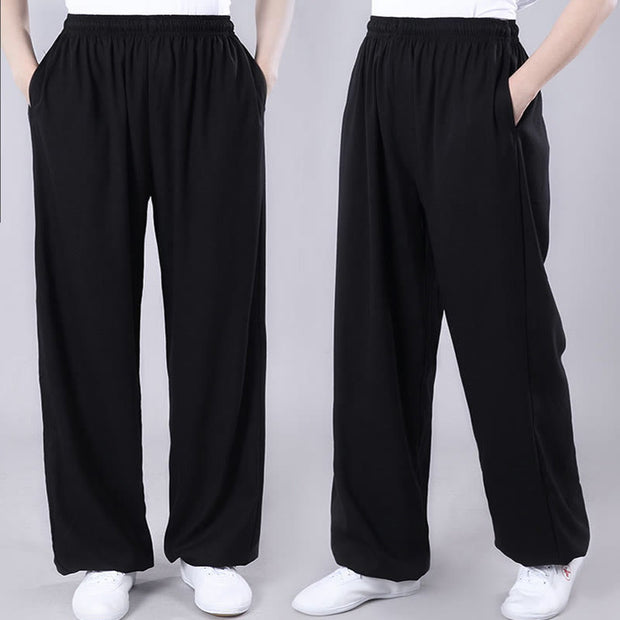 Buddha Stones Summer Unisex Elastic Waist Tai Chi Qigong Practice Breathable Cotton Linen Pants With Pockets