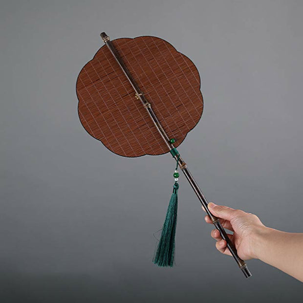 Buddha Stones Chinese Style Handmade Bamboo Long Handle Portable Curlable Fan Fan BS Brown Plum Blossom Style 23*50cm