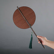 Buddha Stones Chinese Style Handmade Bamboo Long Handle Portable Curlable Fan Fan BS Brown Round Style 23*50cm