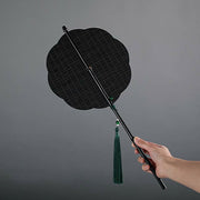 Buddha Stones Chinese Style Handmade Bamboo Long Handle Portable Curlable Fan Fan BS Black Plum Blossom Style 23*50cm