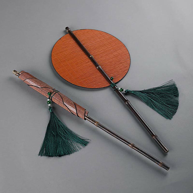 Buddha Stones Chinese Style Handmade Bamboo Long Handle Portable Curlable Fan