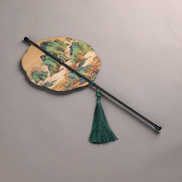 Buddha Stones Handmade Bamboo Thousand Miles of Rivers and Mountains Long Handle Portable Curlable Fan Fan BS Original Bamboo Plum Blossom Style 23*50cm