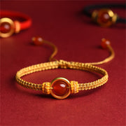 Buddha Stones Red Agate Bead Peace Buckle Calm Rope Bracelet Bracelet BS Golden Rope(Wrist Circumference 14-18cm)