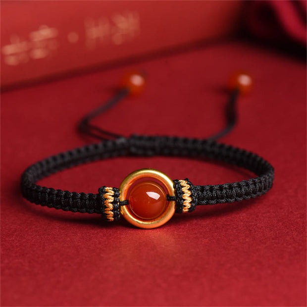 Buddha Stones Red Agate Bead Peace Buckle Calm Rope Bracelet Bracelet BS Black Rope(Wrist Circumference 14-18cm)