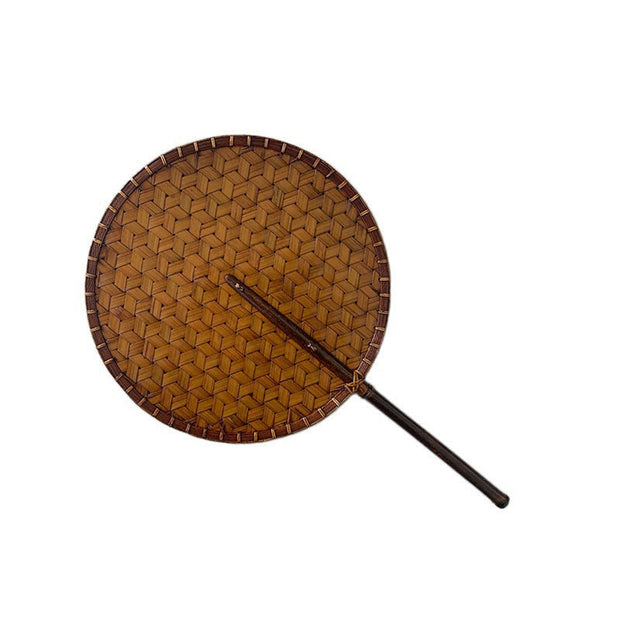 Buddha Stones Vintage Chinese Style Handmade Round Octagonal Shaped Bamboo Long Handle Fan Fan BS 10