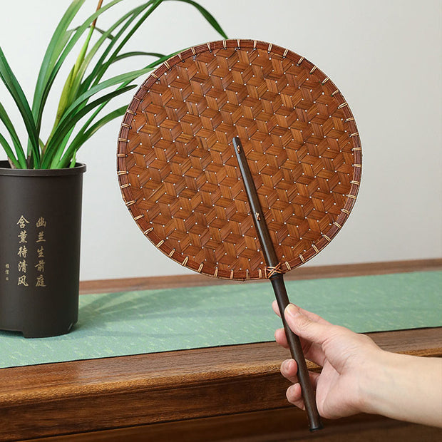 Buddha Stones Vintage Chinese Style Handmade Round Octagonal Shaped Bamboo Long Handle Fan Fan BS 1