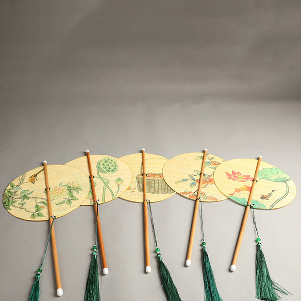 Buddha Stones Handmade Birds Flowers Persimmons Fruit Koi Fish Lotus Bamboo Long Handle Portable Curlable Fan Fan BS 15